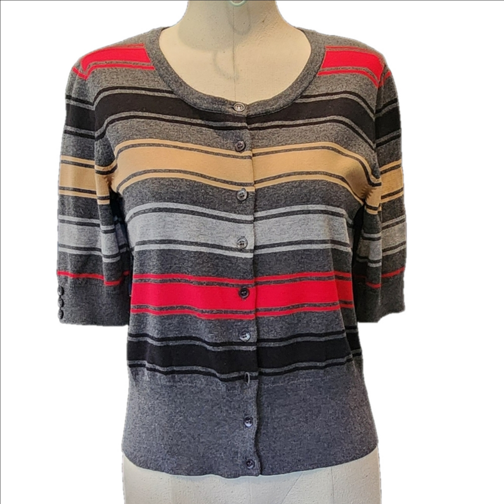 LEO & NICOLE Grey with Striped Tan, Black and Red Knit Sweater